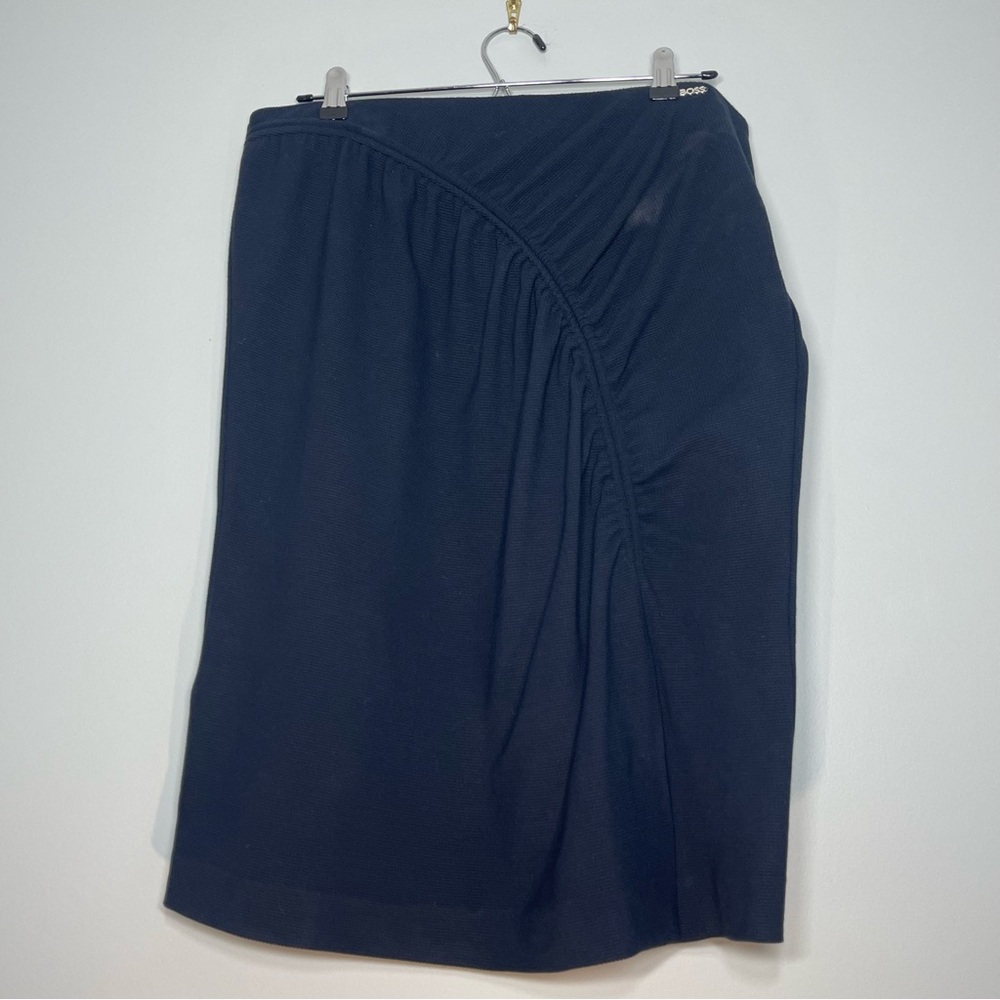 HUGO BOSS Women's Skirt Navy Blue Textured Gathered Arch Front Stretch Size 12